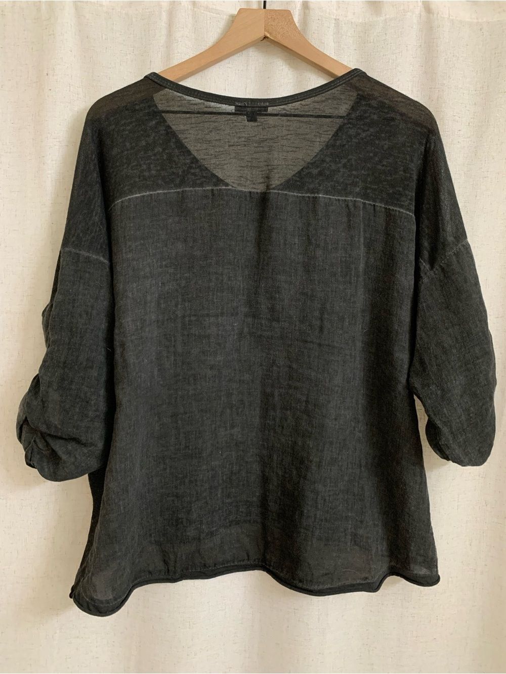 KAKTUS Italy 100% Linen Panel Washed Black V-Neck Top Lagenlook Large Roll Up - Picture 8 of 10